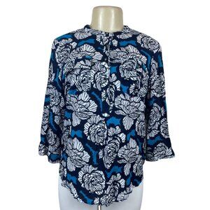Stylus Women's Black White and Blue Floral Art Blouse Sz M -NWT